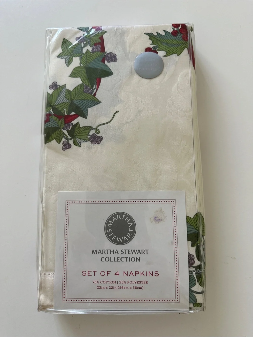 Martha Stewart White Napkins with Green Ivy and Red Berry Accent
